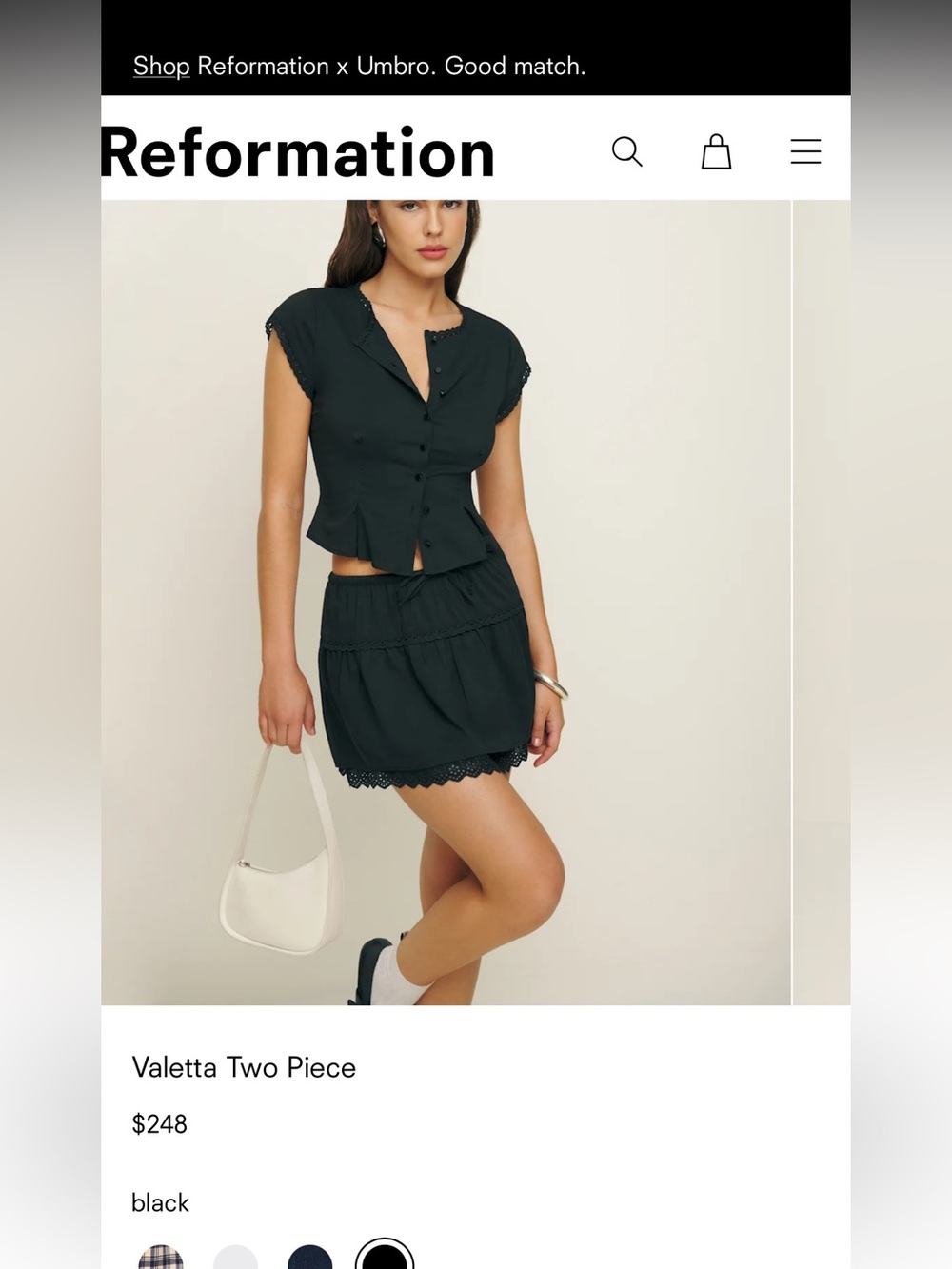 NWOT Reformation Black Valetta Two-Piece Set